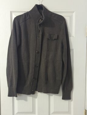 Banana Republic Men's Dark Grey Button-Front Ribbed Collar Cardigan